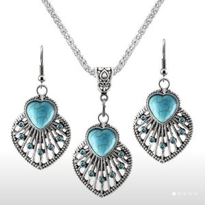 Boho Set Hollow Leaf Shaped Inlay Heart Shape Stone Pendant Necklace & Hook Drop